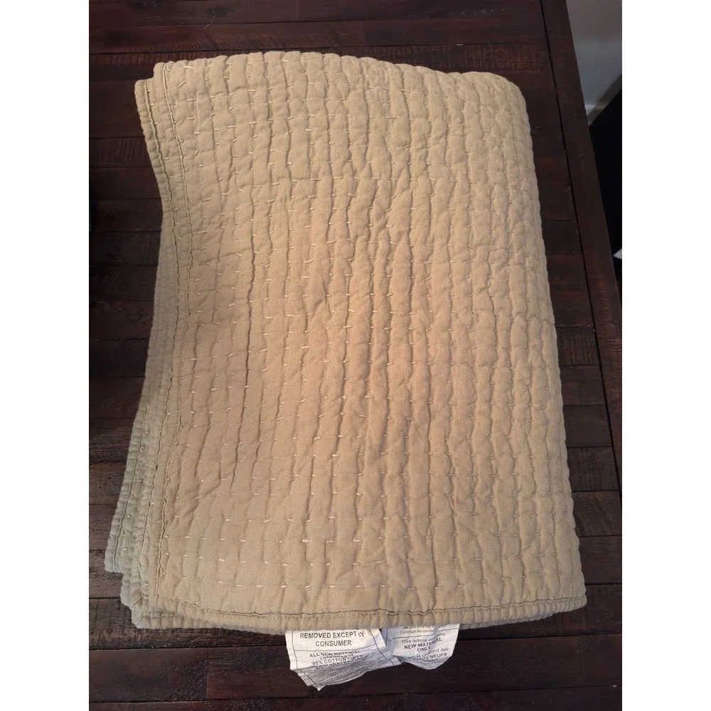 Pottery Barn Twin Pick Stitch Quilt Tan Khaki Cotton Linen Blend Bedding 3024577